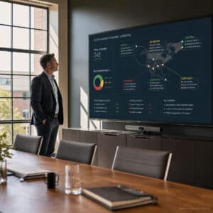 Home product manufacturer executive reviews key account management in their conference room