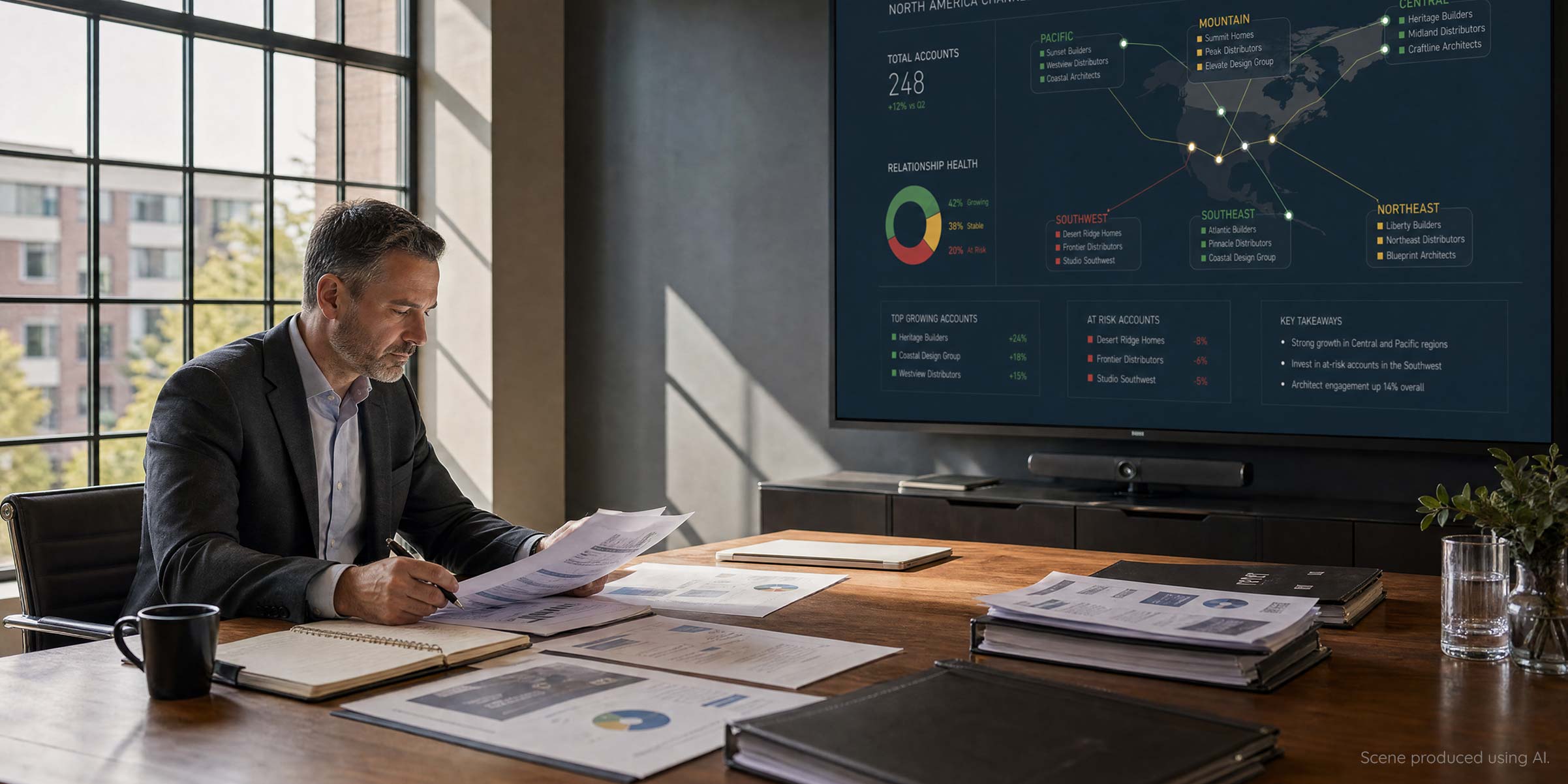 Home product manufacturer executive plans key account management in their conference room