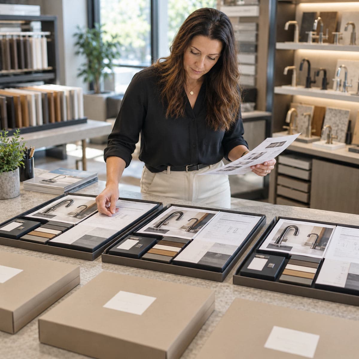 A female home product manufacturer prepares dealer onboarding data packs.